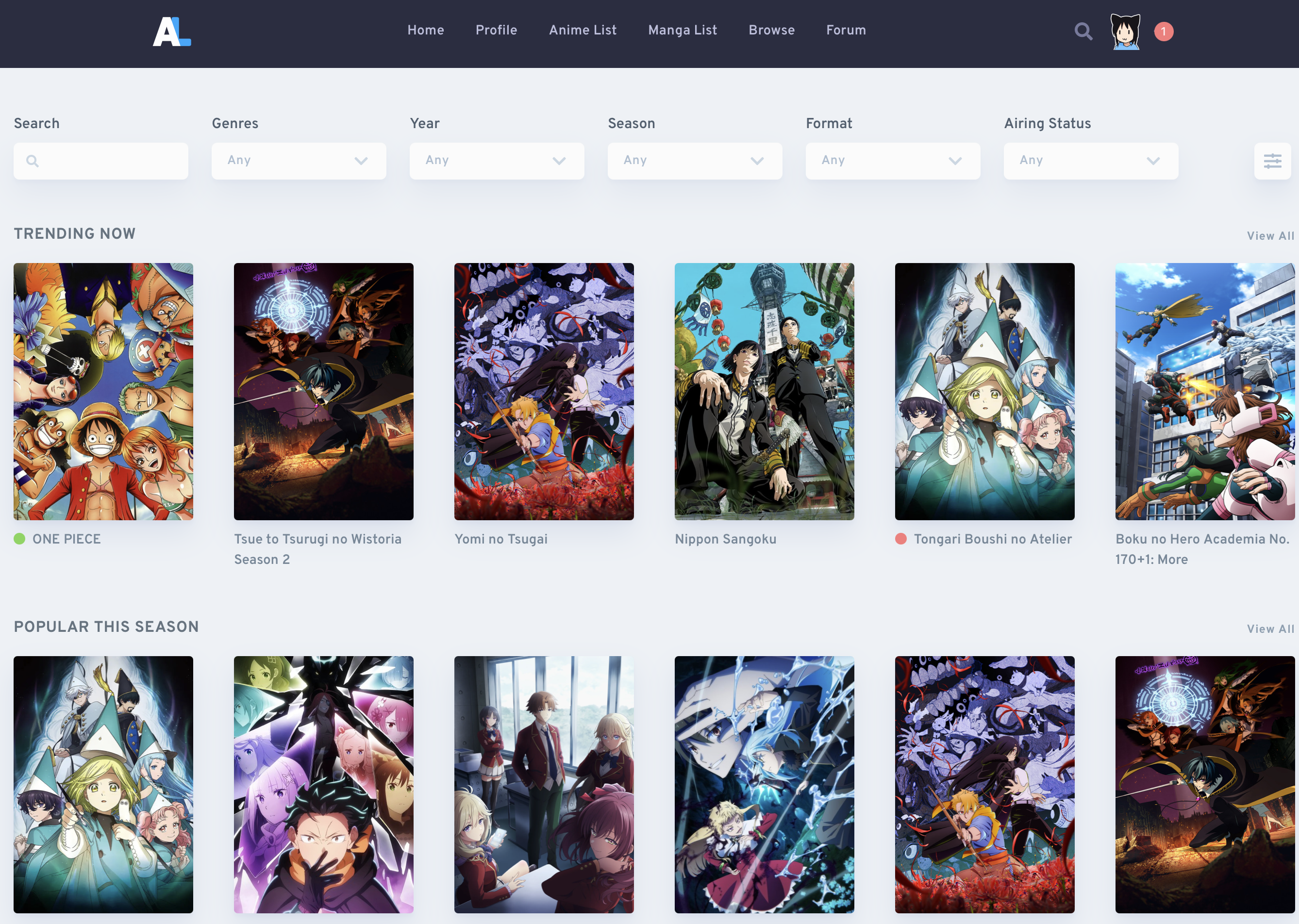AniList anime tracker interface showing a grid of cover art with progress bars and scores