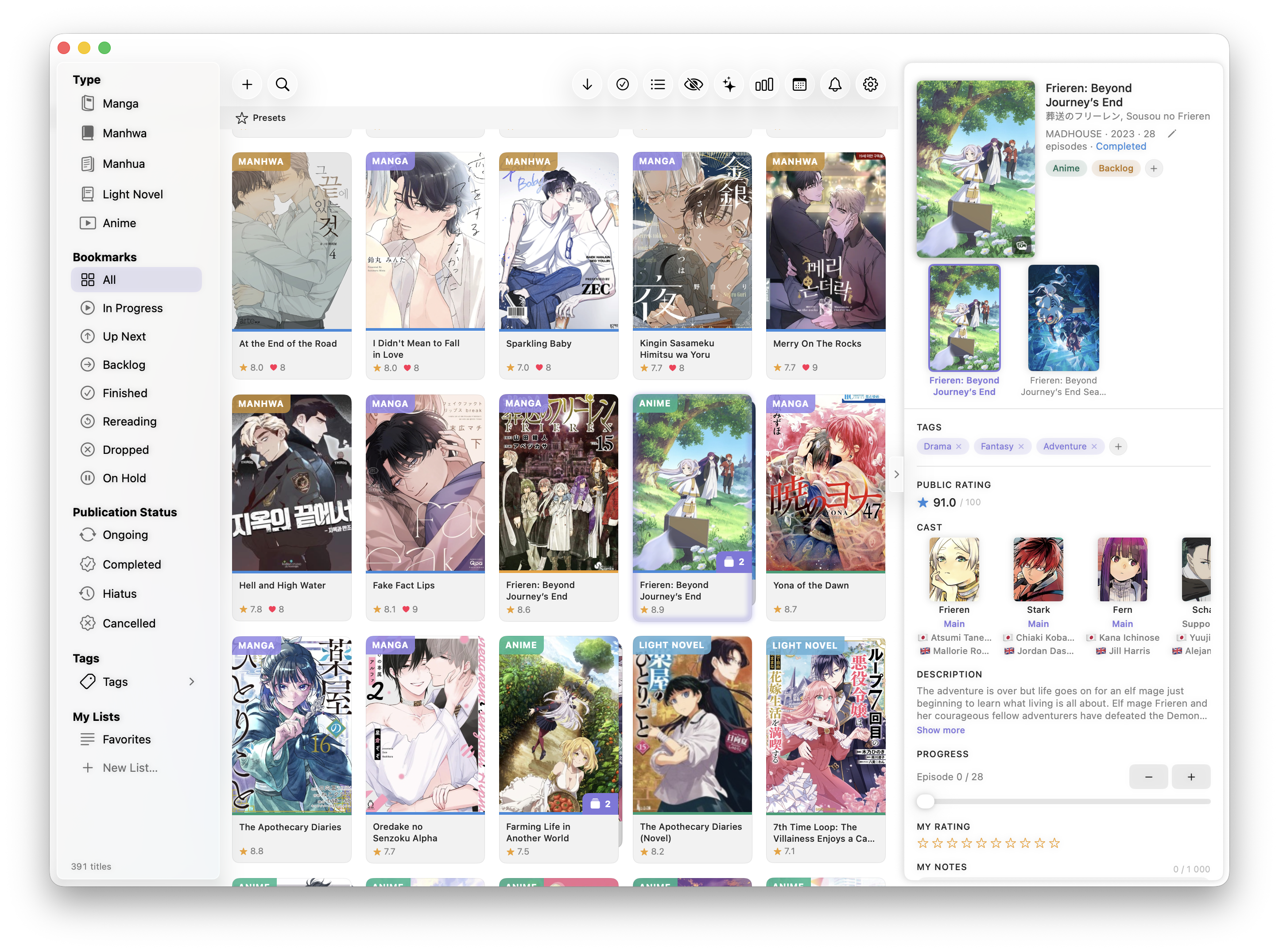 ManiShelf macOS app interface showing an anime, manga, and manhwa library with cover art in a single shelf