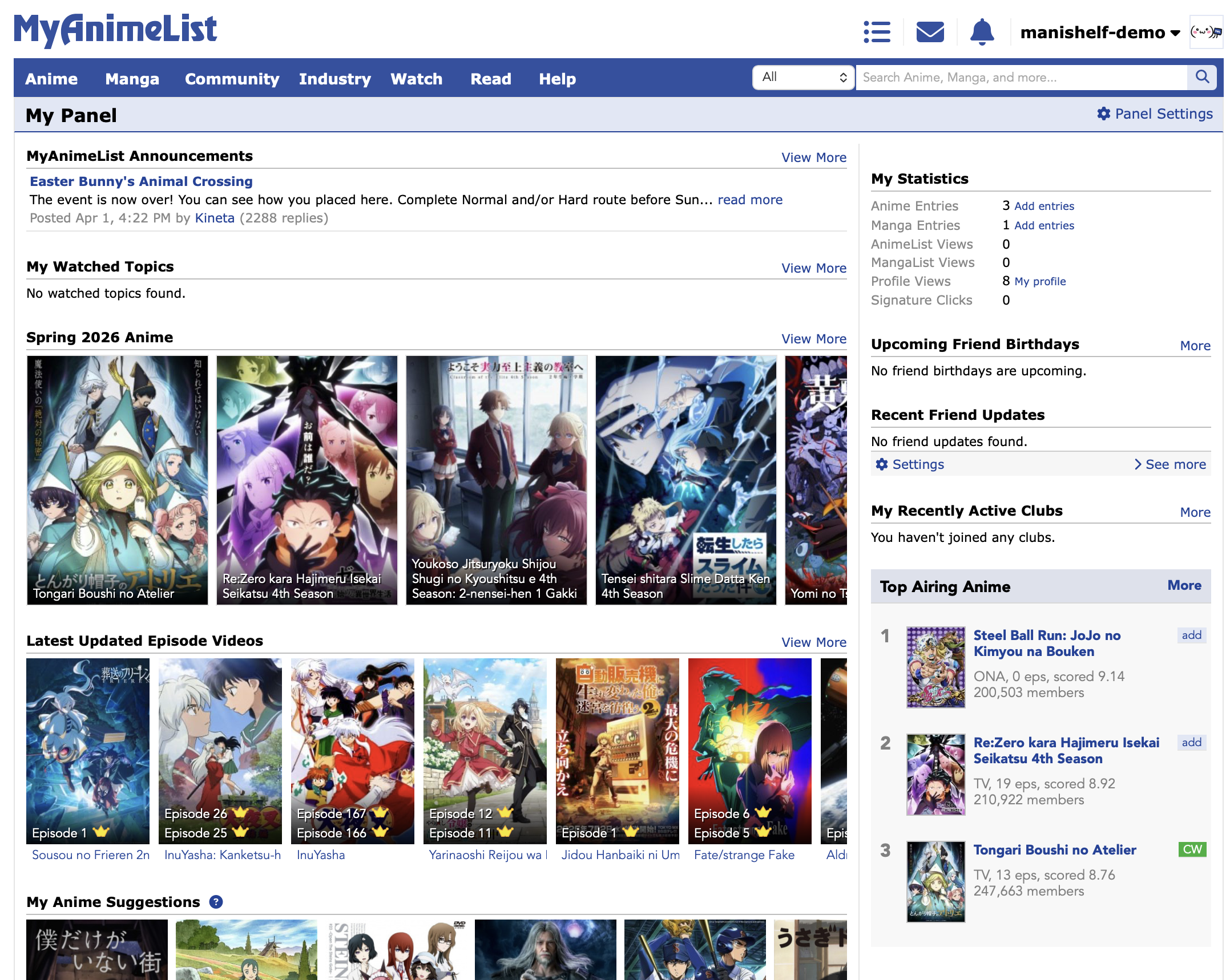 MyAnimeList anime list interface showing a table-style tracker with status, score, and episode columns