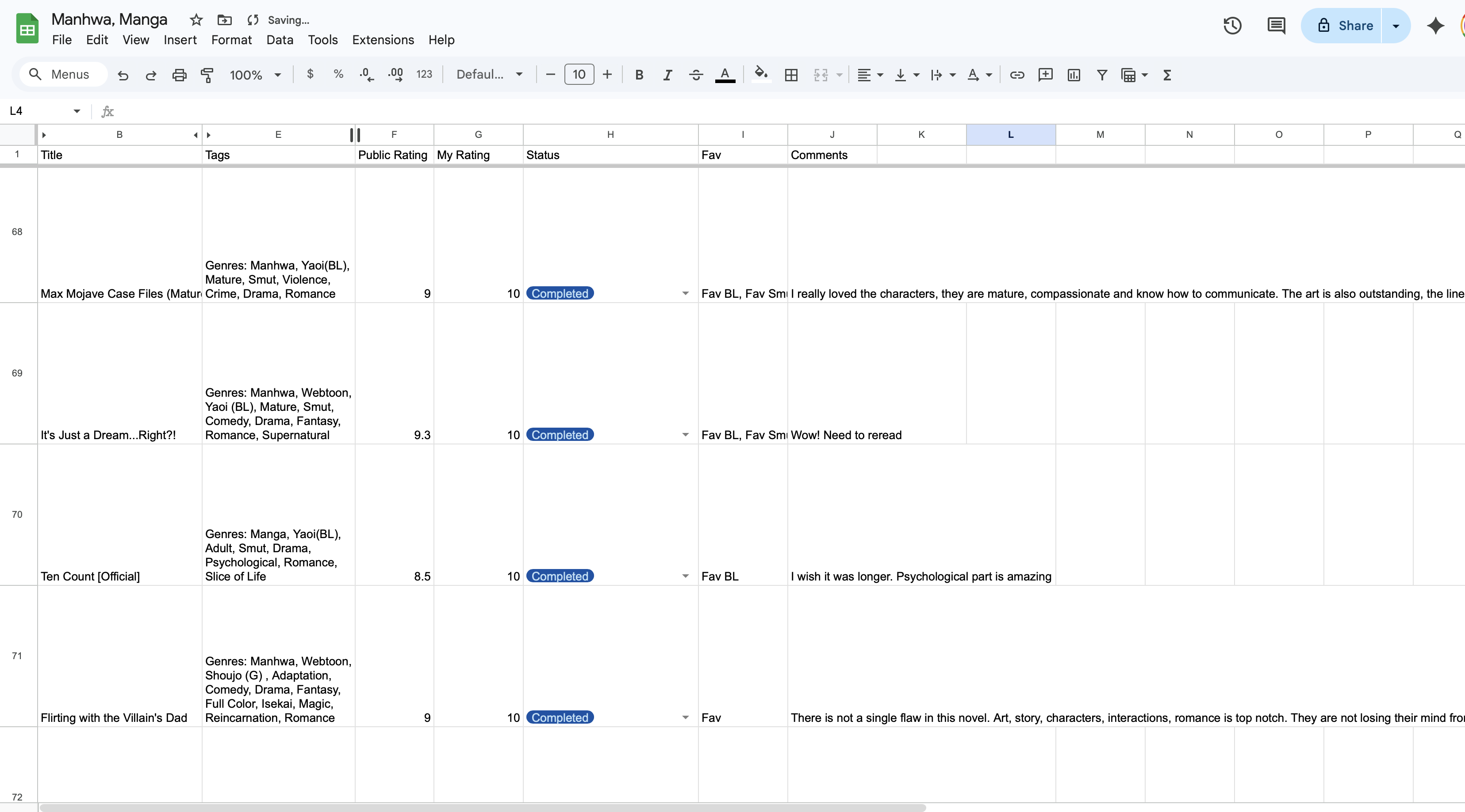 Spreadsheet of manhwa titles with status, score, and source-website columns, used as a homemade tracker